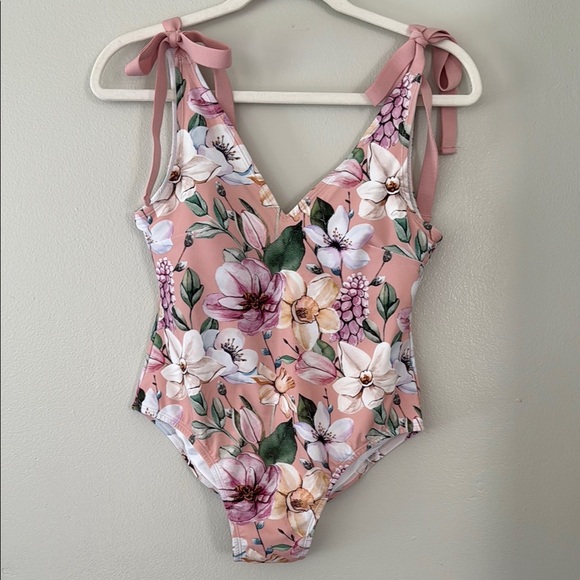 Posh Peanut Raina Tie Strap V Neck One Piece - Pink Floral - Picture 1 of 7